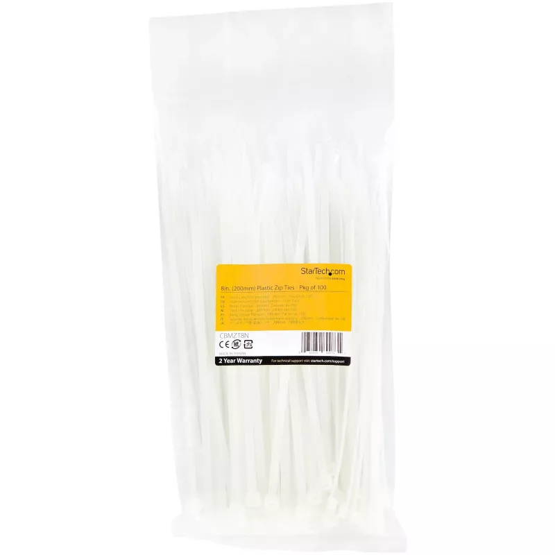 StarTech.com 8 collu (20 cm) kabeļu saites - 4 mm platas, 55 mm saišķa diametrs, 22 kg stiepes izturība, neilona pašbloķējošās rāvējslēdzēja saites ar izliektu galu - 94V-2/UL sertificēts, 100 iepakojumā - baltas