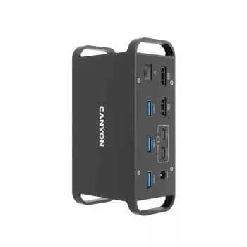 Doku stacija CANYON CNS-HDS95ST — USB-C (USB 3.2 Gen 2) ar 2× HDMI, 2× USB 3.2 Gen1, 2× USB 2.0, Gigabit Ethernet, 100W, alumīnijs, melna