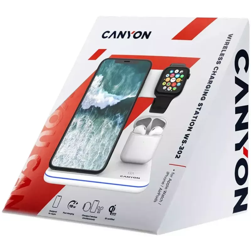CANYON WS-302 3 vienā Qi bezvadu uzlādes stacija, 15 W, melna (CNS-WCS302B)