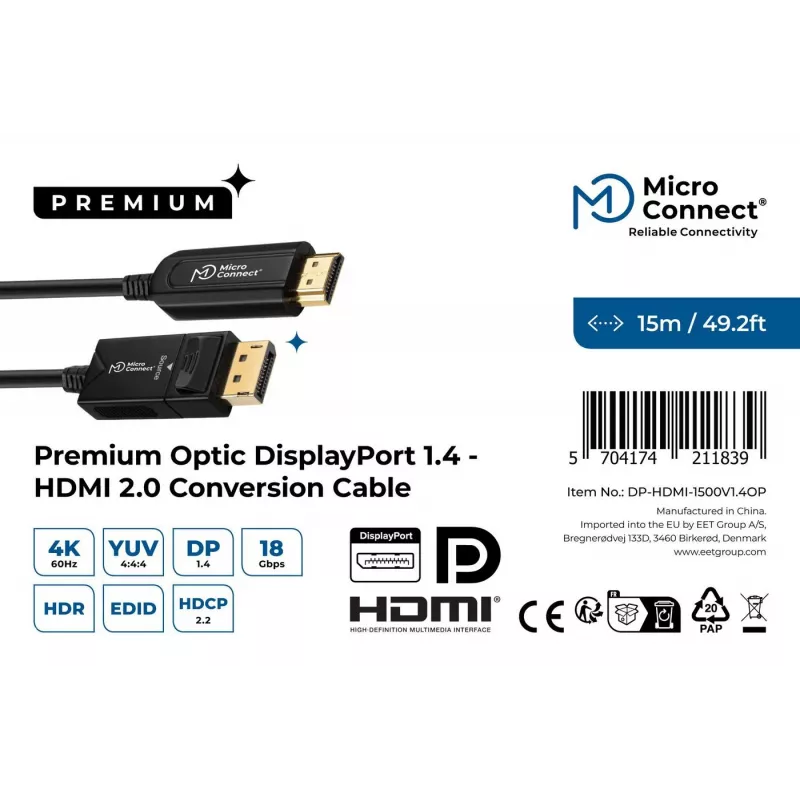 Microconnect DP-HDMI-1500V1.4OP video kabeļa adapteris 15 m DisplayPort Melns