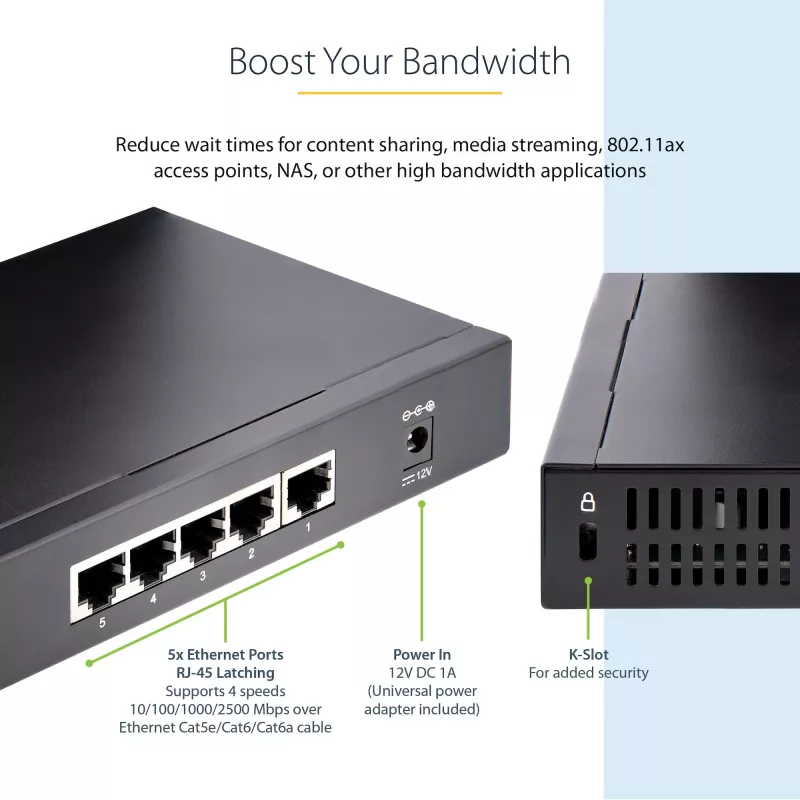 StarTech.com 5 portu 2.5G neuzraudzīts tīkla slēdzis - Multi-Gigabit Ethernet slēdzis - DIN sliedes vai sienas montāža - 9K Jumbo