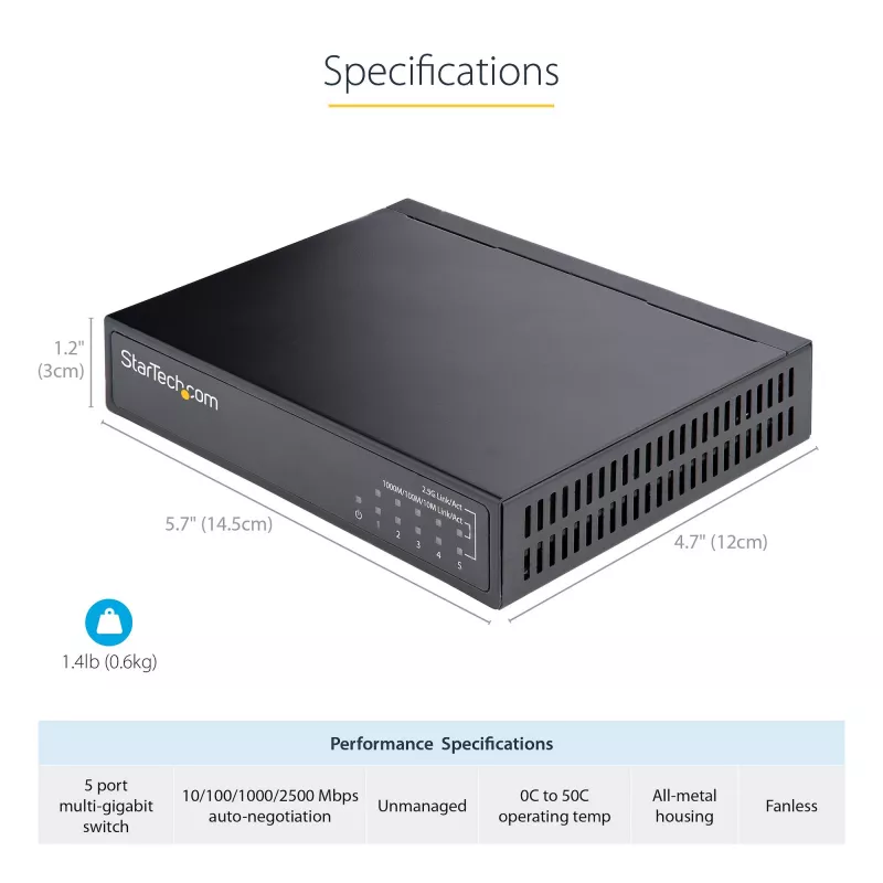 StarTech.com 5 portu 2.5G neuzraudzīts tīkla slēdzis - Multi-Gigabit Ethernet slēdzis - DIN sliedes vai sienas montāža - 9K Jumbo