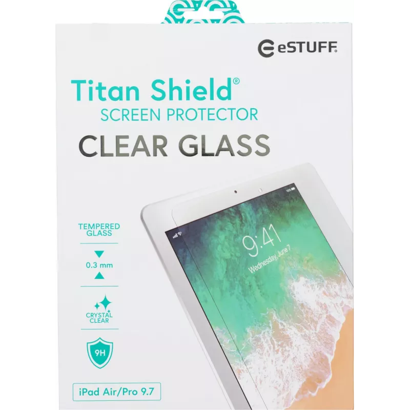 eSTUFF TITAN SHIELD® rūdīta stikla ekrāna aizsargs iPad 9,7 collu modeļiem - caurspīdīgs