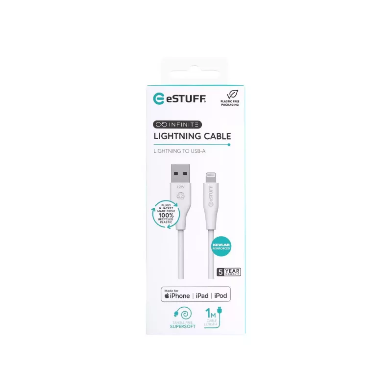Lightning kabelis eSTUFF ES601170 1m USB A 2.4A 5V Balts