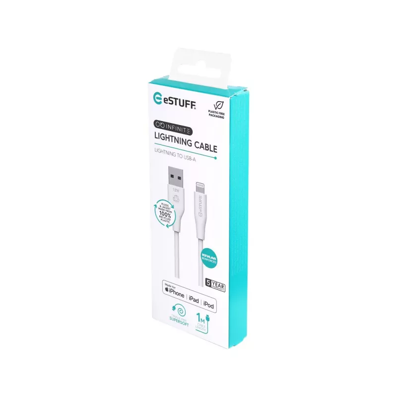 Lightning kabelis eSTUFF ES601170 1m USB A 2.4A 5V Balts