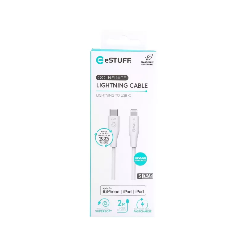 Lightning kabelis eSTUFF ES602270 3m USB-C 2.4A Balts
