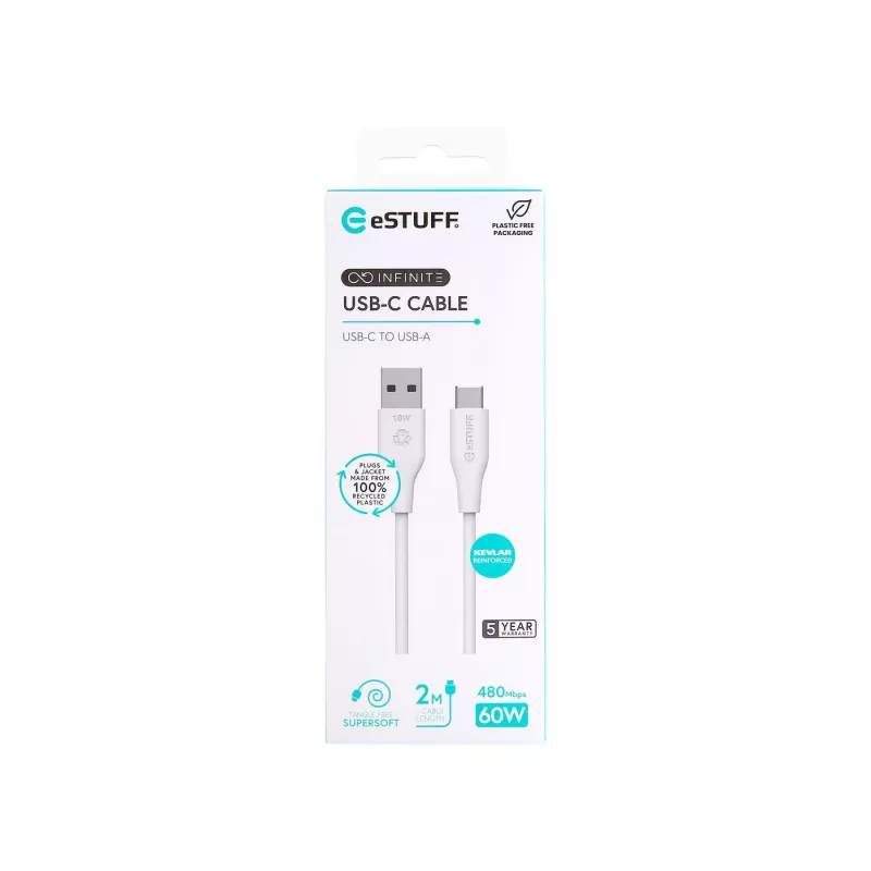 eSTUFF ES605270 USB kabelis USB 2.0 2 m USB-C uz USB-A Balts