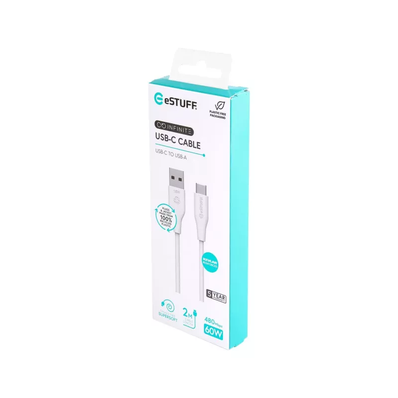 eSTUFF ES605270 USB kabelis USB 2.0 2 m USB-C uz USB-A Balts