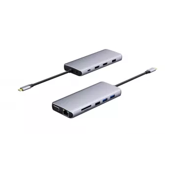 eSTUFF ES623009 12-in-1 USB-C centrmezgls, USB 3.2 Gen 1, 5000 Mbit/s, pelēks