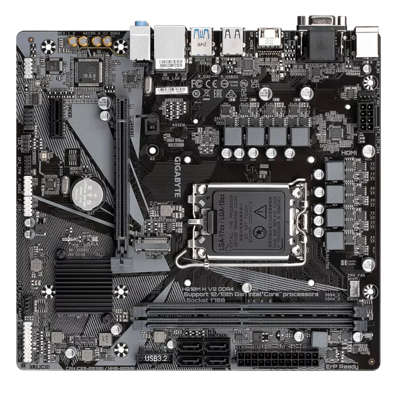 GIGABYTE H610M H V2 DDR4 mātesplate - atbalsta Intel Core 14. paaudzes CPU, 6+1+1 hibrīda digitālā VRM, līdz 3200MHz DDR4 (OC), 1xPCIe 3.0 M.2, GbE LAN, USB 3.2 Gen 1