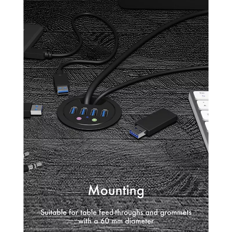 ICY BOX IB-HUB1403A USB 3.0 centrmezgls galdam, 4 porti, ar audio pieslēgvietām, melns