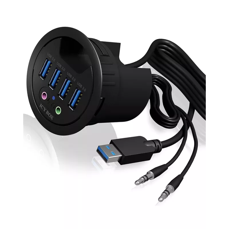 ICY BOX IB-HUB1403A USB 3.0 centrmezgls galdam, 4 porti, ar audio pieslēgvietām, melns