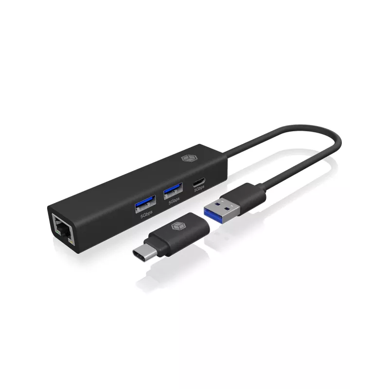 ICY BOX IB-HUB1439-LAN vadu USB 3.2 Gen 1 (3.1 Gen 1) Type-A centrmezgls, melns