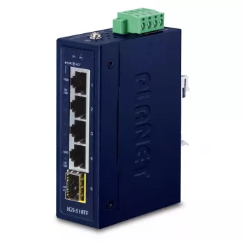 Nepārvaldīts Gigabitu Ethernet komutators PLANET IGS-510TF — 4 x 10/100/1000 Mbps, 10 Gbit/s komutācija, 9–48V DC, sienas montāža