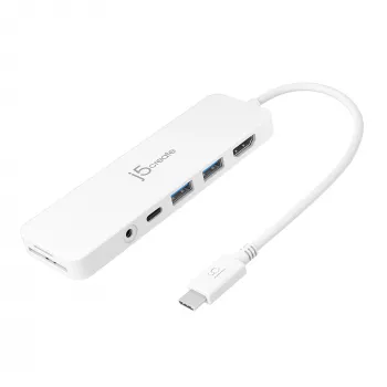 j5create JCD373-N USB-C centrmezgls ar vairākiem portiem un Power Delivery, HDMI 4K (3840x2160 @ 30 Hz), USB-A, USB-C, SD/microSD, 3,5 mm, 5 Gbit/s, balts
