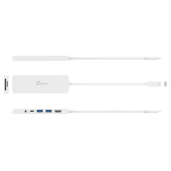 j5create JCD373-N USB-C centrmezgls ar vairākiem portiem un Power Delivery, HDMI 4K (3840x2160 @ 30 Hz), USB-A, USB-C, SD/microSD, 3,5 mm, 5 Gbit/s, balts