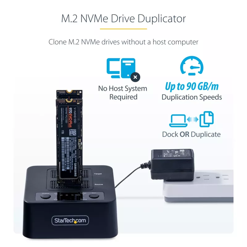 StarTech.com 1:1 M.2 NVMe disku dublikators, autonoms M.2 SSD klonētājs/kopētājs līdz 90GB/min, USB 3.2 20Gbps M.2 divu slotu disks, iekļauti USB-C/A kabeļi