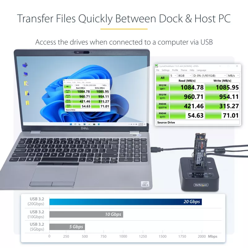 StarTech.com 1:1 M.2 NVMe disku dublikators, autonoms M.2 SSD klonētājs/kopētājs līdz 90GB/min, USB 3.2 20Gbps M.2 divu slotu disks, iekļauti USB-C/A kabeļi