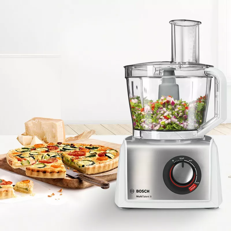 Virtuves kombains Bosch MC812S814, 1250 W, 3.9 L bļoda, nerūsējošais tērauds/balts, mainīgs ātrums, rotācijas vadība