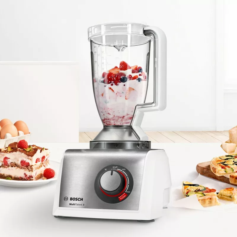 Virtuves kombains Bosch MC812S814, 1250 W, 3.9 L bļoda, nerūsējošais tērauds/balts, mainīgs ātrums, rotācijas vadība