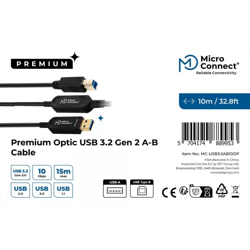 MicroConnect MC-USB3.0AB10OP USB kabelis, USB 3.2 Gen 2 (10 Gbit/s), 10 m, USB A - USB B, melns