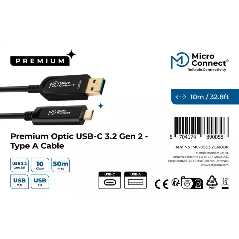 Microconnect MC-USB3.2CA10OP aktīvs optiskais USB kabelis USB 3.2 Gen 2 (10 Gbit/s) 10 m USB A - USB C melns