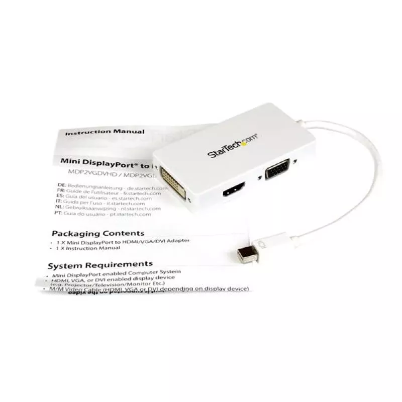 StarTech.com 3-in-1 Mini DisplayPort uz VGA, DVI vai HDMI pārveidotājs - balts
