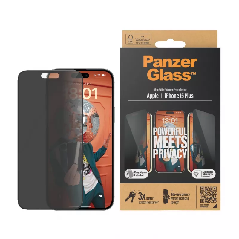 PanzerGlass® Privātuma ekrāna aizsargs iPhone 15 Plus | Ultra-Wide Fit ar EasyAligner