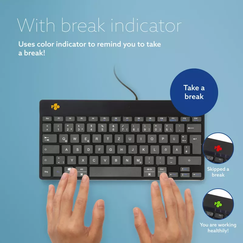 R-Go Tools ergonomiskā tastatūra R-Go Compact Break, kompakta tastatūra ar pārtraukuma programmatūru, QWERTZ (DE), vadu, melna