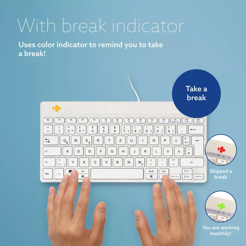 R-Go Tools ergonomiskā tastatūra R-Go Compact Break, kompakta tastatūra ar pārtraukuma programmatūru, QWERTZ (DE), vadu, balta