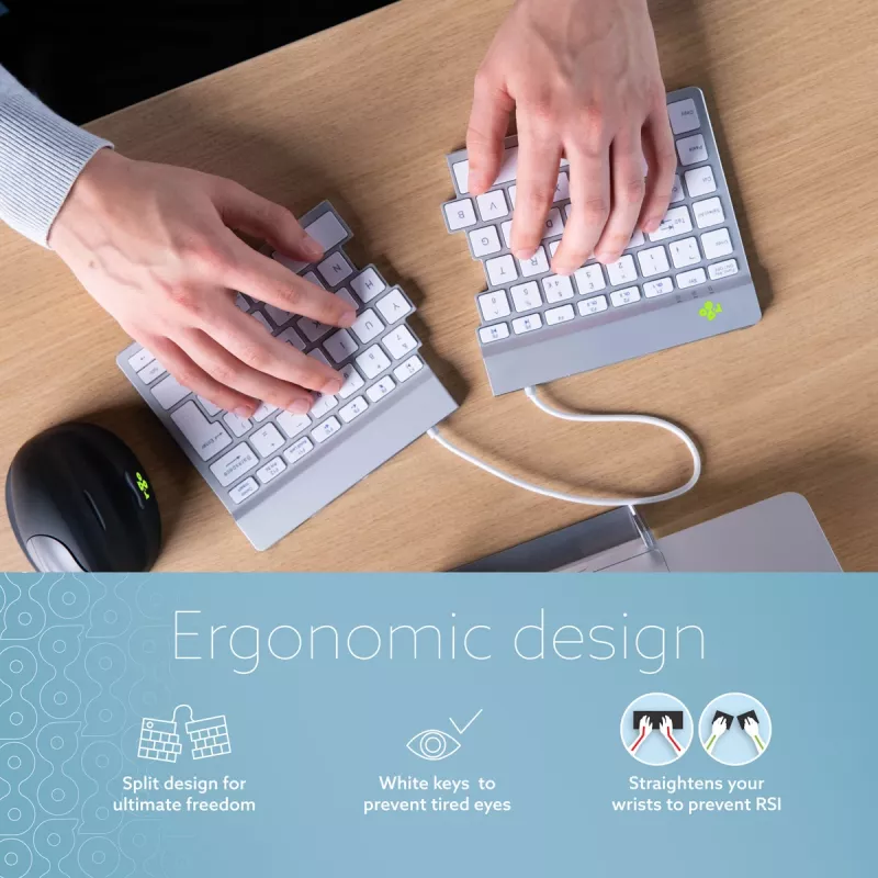 R-Go Tools ergonomiskā tastatūra R-Go Split Break ar pārtraukuma programmatūru, ergonomiska sadalīta tastatūra, QWERTZ (DE), Bluetooth, balta