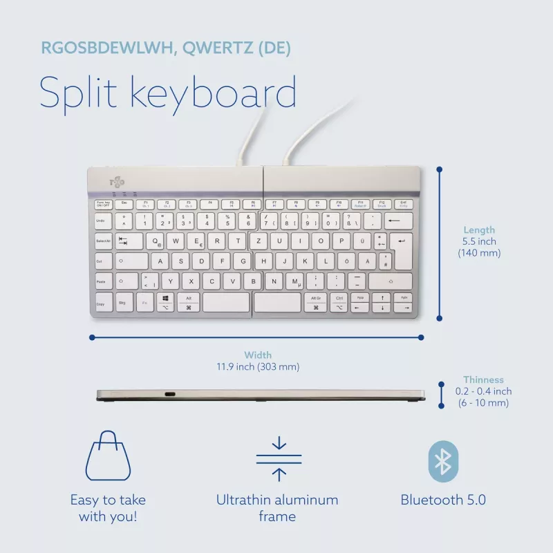 R-Go Tools ergonomiskā tastatūra R-Go Split Break ar pārtraukuma programmatūru, ergonomiska sadalīta tastatūra, QWERTZ (DE), Bluetooth, balta