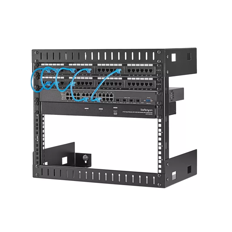 StarTech.com 8U 19 collu sienas tīkla statīvs - 12 collu dziļš 2 stabu atvērta rāmja serveru telpas statīvs datu/AV/IT/datoru aprīkojumam/pievienošanas panelim ar būrspriegotājuzgriežņiem un skrūvēm, 135 mārciņu ietilpība, melns (RK812WALLO)