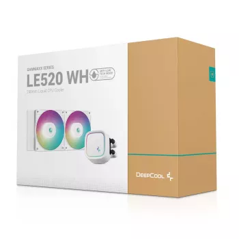 Šķidruma dzesēšanas sistēma DeepCool LE520 WH — 120 mm ventilators, 220 W TDP, balta, atbalsta LGA 1150/1151/1155/1200/1700 un AM4/AM5