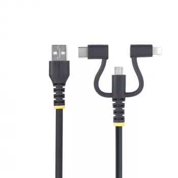 StarTech.com 3,3 pēdu (1 m) Izturīgs USB Daudzfunkciju Uzlādes Kabelis, USB uz Lightning/Micro-USB/Type-C, Apple MFi Sertificēts, Arama Apvalks, Universāls 3-in-1 USB Lādētāja Vads iPhone/iPad/Android