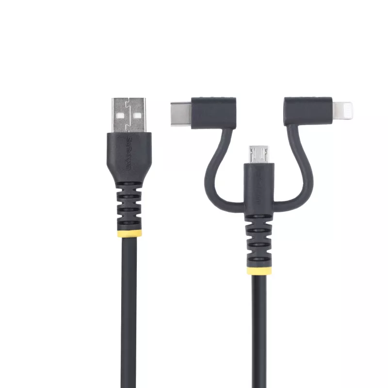 StarTech.com 3,3 pēdu (1 m) Izturīgs USB Daudzfunkciju Uzlādes Kabelis, USB uz Lightning/Micro-USB/Type-C, Apple MFi Sertificēts, Arama Apvalks, Universāls 3-in-1 USB Lādētāja Vads iPhone/iPad/Android