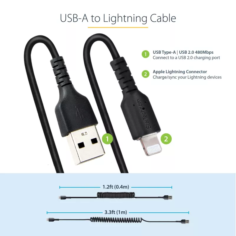 StarTech.com 1m USB–Lightning savīts kabelis, MFi sertificēts, melns, izturīgs TPE apvalks ar aramīda šķiedru