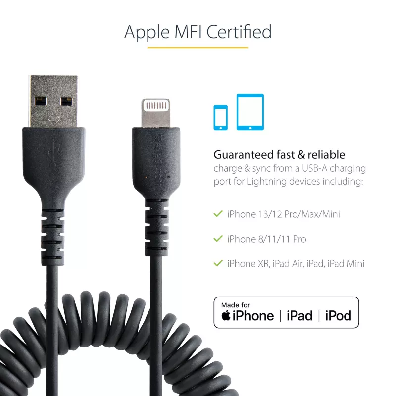 StarTech.com 1m USB–Lightning savīts kabelis, MFi sertificēts, melns, izturīgs TPE apvalks ar aramīda šķiedru