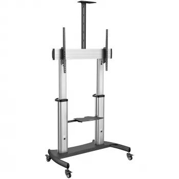 StarTech.com mobilais TV statīvs – Smagās slodzes TV ratiņi 60–100 collu displejiem (100 kg) – augstumā regulējams, uz riteņiem, ar plauktiem