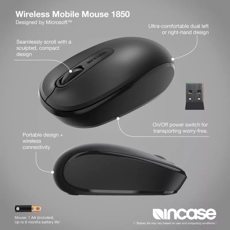 Incase Designed by Microsoft Wireless Mobile Mouse 1850 — bezvadu optiskā pele, ambidekstrāla, melna
