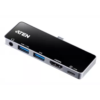 ATEN USB-C ceļojumu dokstacija ar strāvas caurvadīšanu, universāla, USB Type-C, melna, sudraba