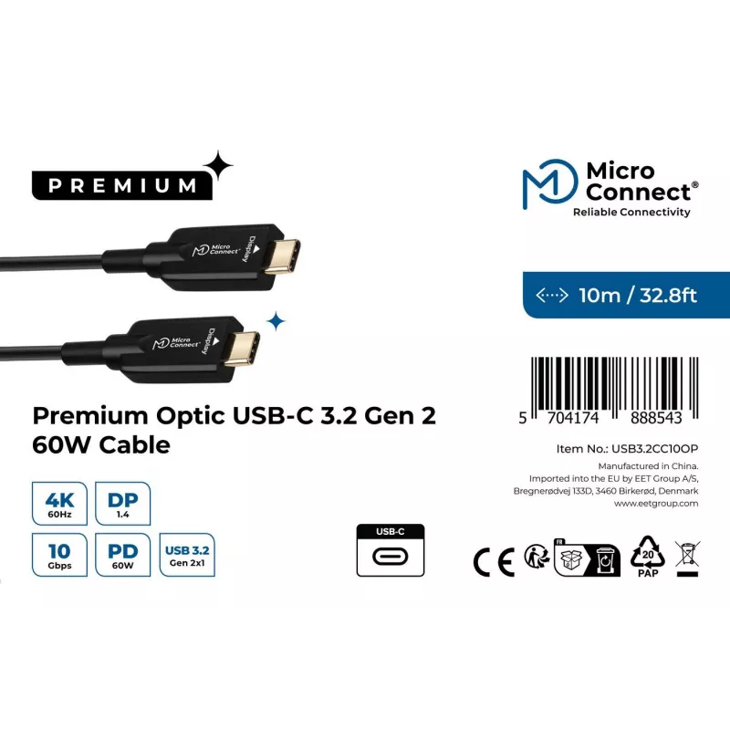 MicroConnect USB3.2CC10OP USB-C aktīvais optiskais kabelis 10 m, melns
