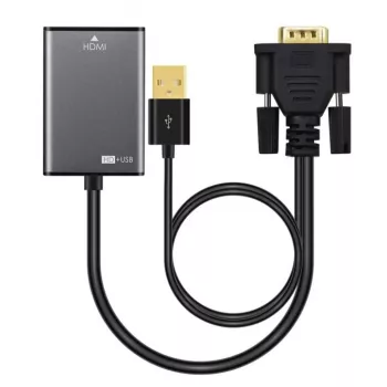 Microconnect VGAHDMI VGA–HDMI adapteris, VGA 15 kontaktu spraudnis uz HDMI ligzdu, aktīvs, USB barošana, 1080p, 0,15 m, melnā krāsā