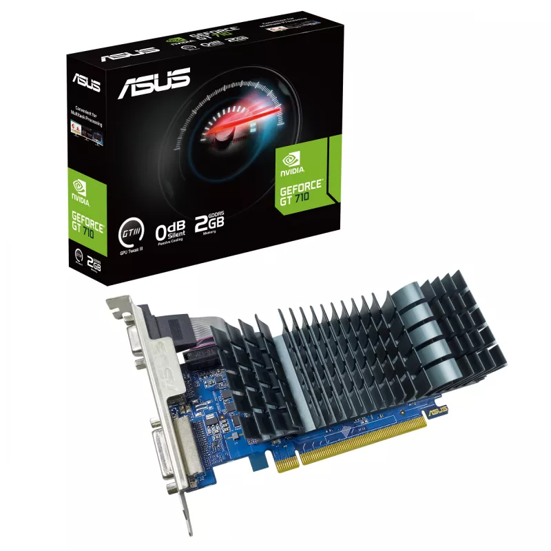 Videokarte ASUS GeForce GT 710 — 2 GB GDDR5, 64-bit, PCIe 2.0, pasīvā dzesēšana