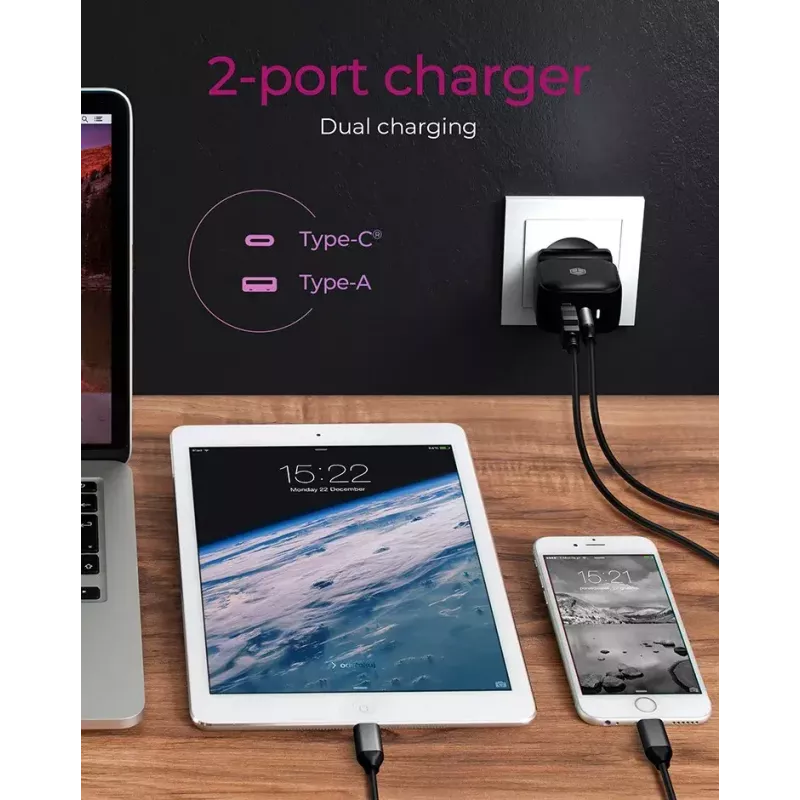 Sienas lādētājs ICY BOX 2-portu USB Power Delivery ātrai uzlādei Melns