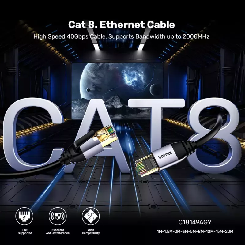 Tīkla kabelis UNITEK C18149AGY03-3M RJ-45 Cat8 3m Melns