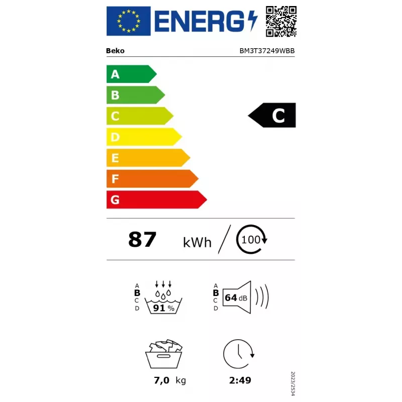 BEKO BM3T37249WBB priekšējās ielādes žāvētājs, balts, 7 kg, C klase