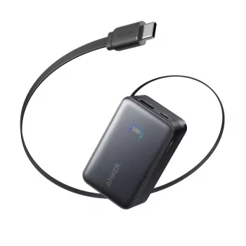 Power bank Anker Nano 45W ar iebūvētu izvelkamu USB-C kabeli A1638H11 10000 mAh Melns