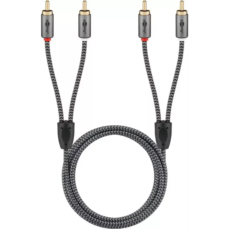 Audio kabelis WENTRONIC Goobay 65293 — 2 m, 2×RCA vīrietis uz 2×RCA vīrietis, varš, apzeltīti kontakti, magnētiskais ekranējums, pelēks