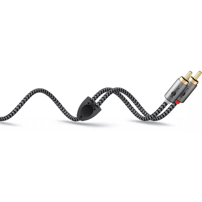 Audio kabelis WENTRONIC Goobay 65293 — 2 m, 2×RCA vīrietis uz 2×RCA vīrietis, varš, apzeltīti kontakti, magnētiskais ekranējums, pelēks